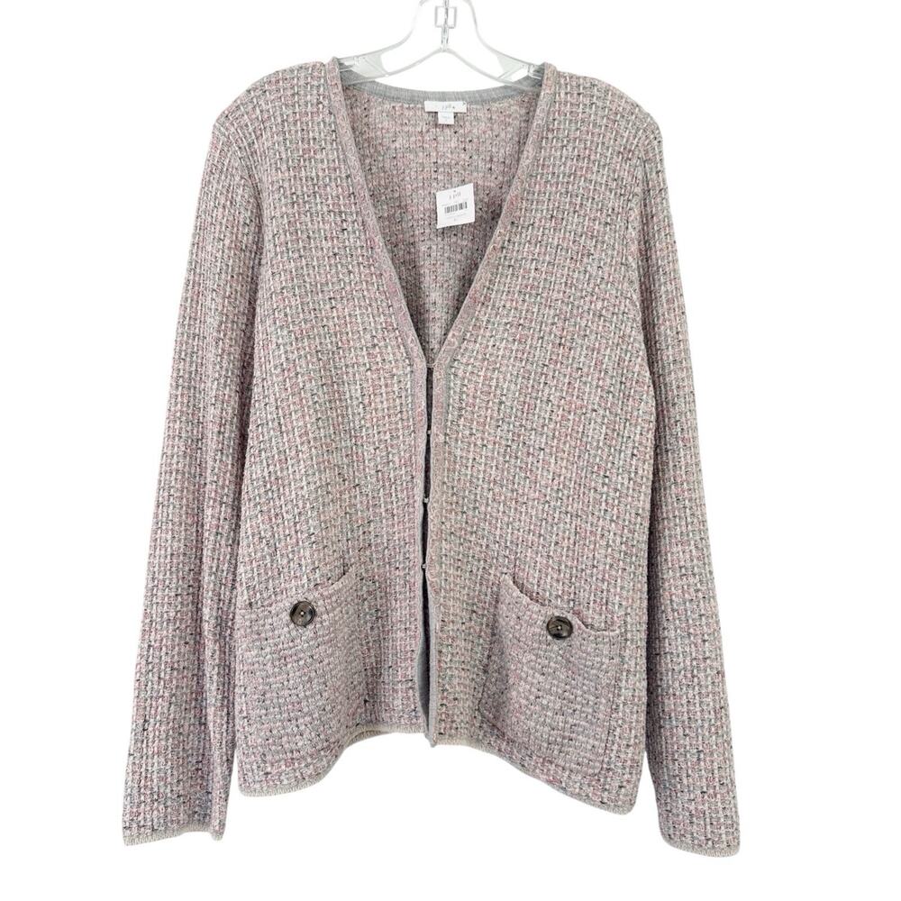 J Jill Sweater Cardigan Pink Gray Girly Spring Knit Pockets Size Large New